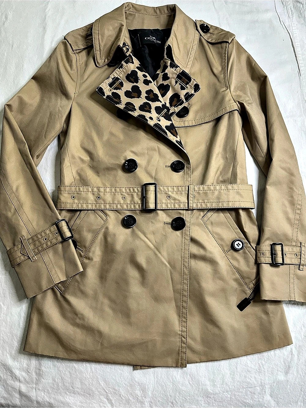 Coach New York Leopard Short Trench Coat in Tan Size XXS